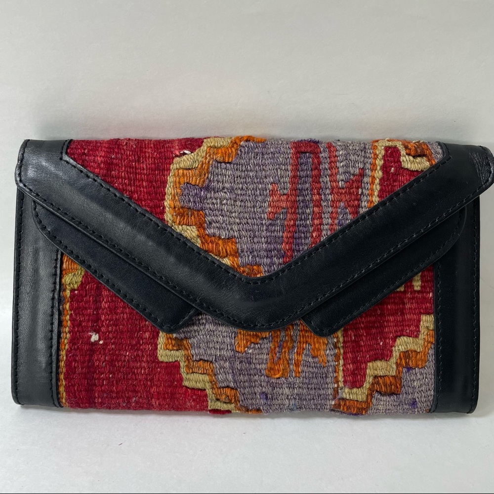 Vintage Wool Kilim Leather Trim Wallet Clutch